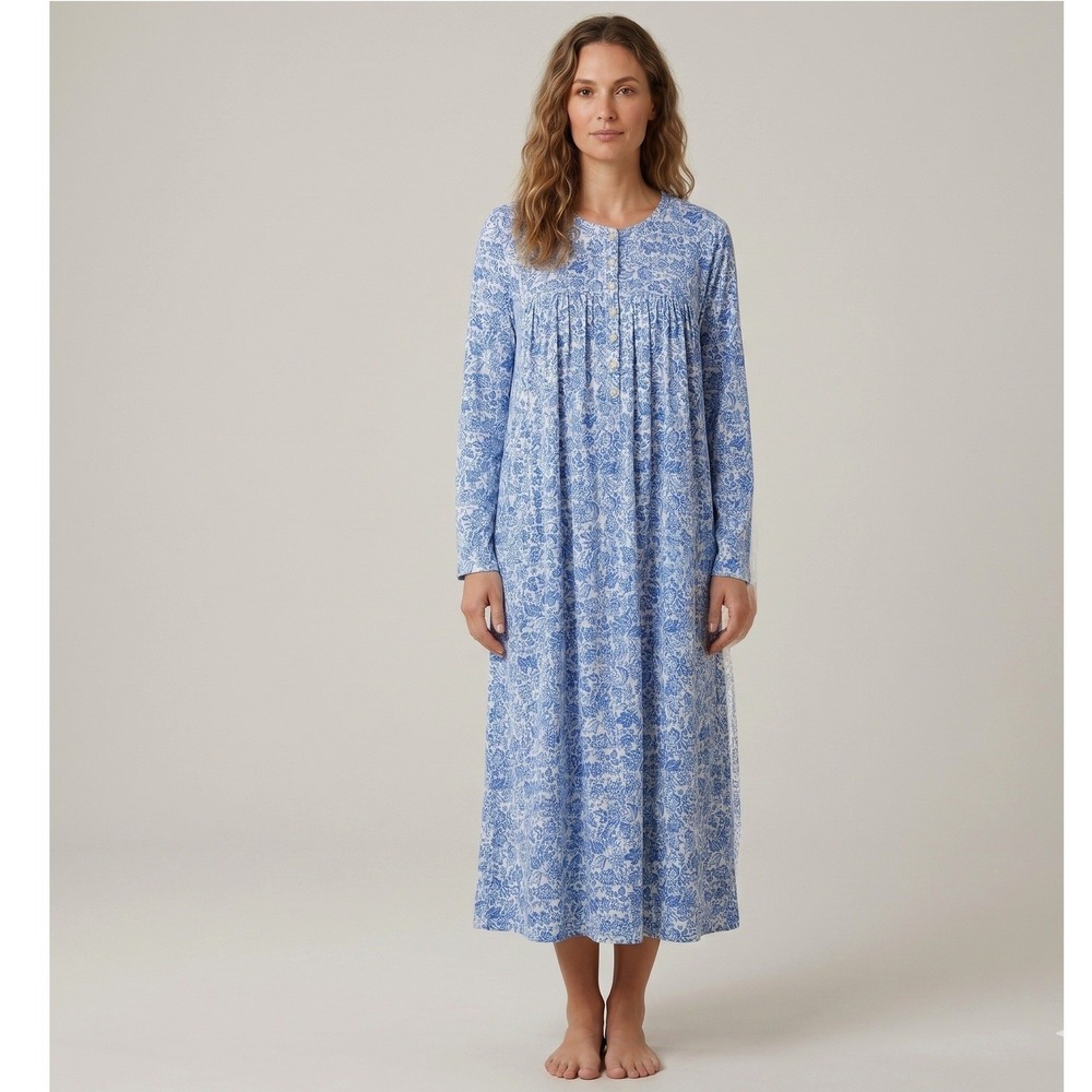 Aria Collection Nightgown 3X Plus Blue White Floral Fleece Long Sleeve Muumu